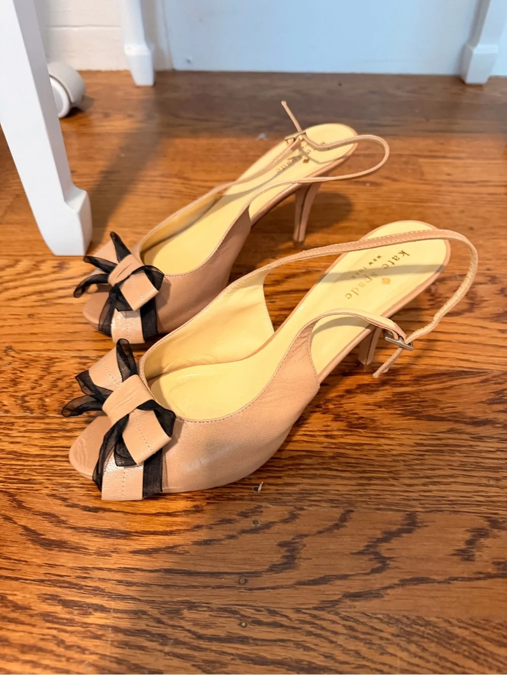 kate spade Nude Peep-Toe Slingback Heels with Black Bow